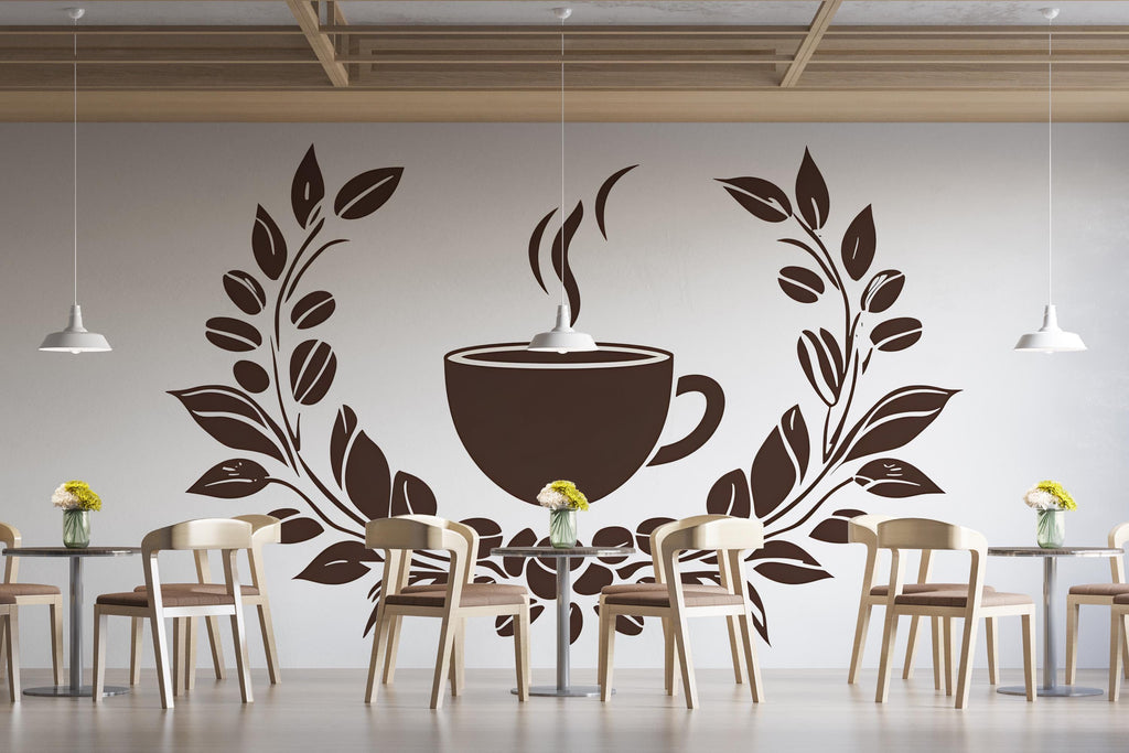 Coffee Shop Wall Mural, Cafe Coffee Cup Wall Art, Modern Cafe Interior Decor, Coffee Bar Wall Design 409mv