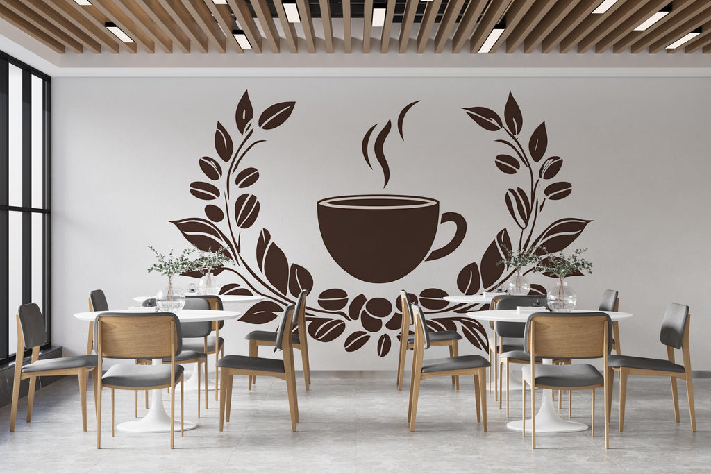 Coffee Shop Wall Mural, Cafe Coffee Cup Wall Art, Modern Cafe Interior Decor, Coffee Bar Wall Design 409mv