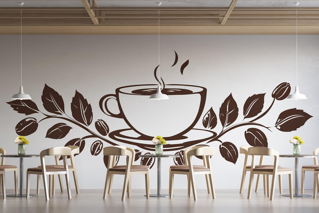 Coffee Cup Wall Mural, Cafe Wall Art, Coffee Shop Interior Decor, Coffee Leaf Wall Design 410mv