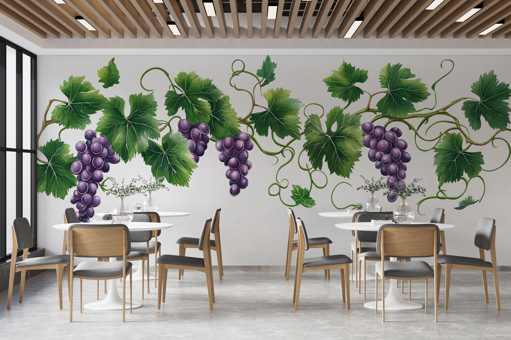 Grape Vineyard Wall Mural, Wine Bar Wall Art, Botanical Grape Decor, Restaurant Interior Design 412mv