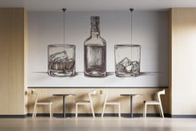 Load image into Gallery viewer, Whiskey Sketch Wall Mural, Minimal Bar Wall Art, Bottle and Glass Decor, Modern Bar Design 418mv