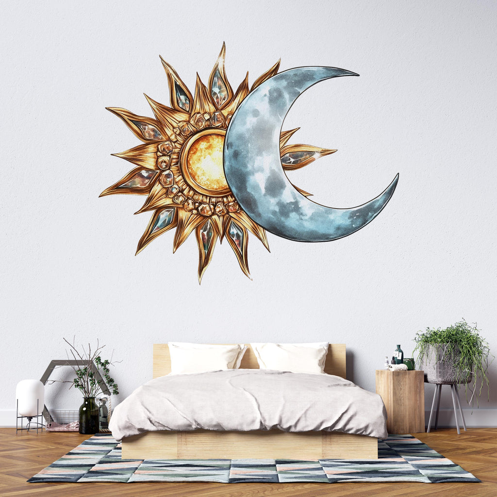Sun and Moon Wall Mural, Celestial Wall Art, Boho Bedroom Decor, Mystic Home Design 423mv