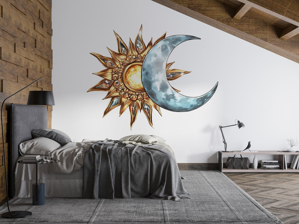 Sun and Moon Wall Mural, Celestial Wall Art, Boho Bedroom Decor, Mystic Home Design 423mv