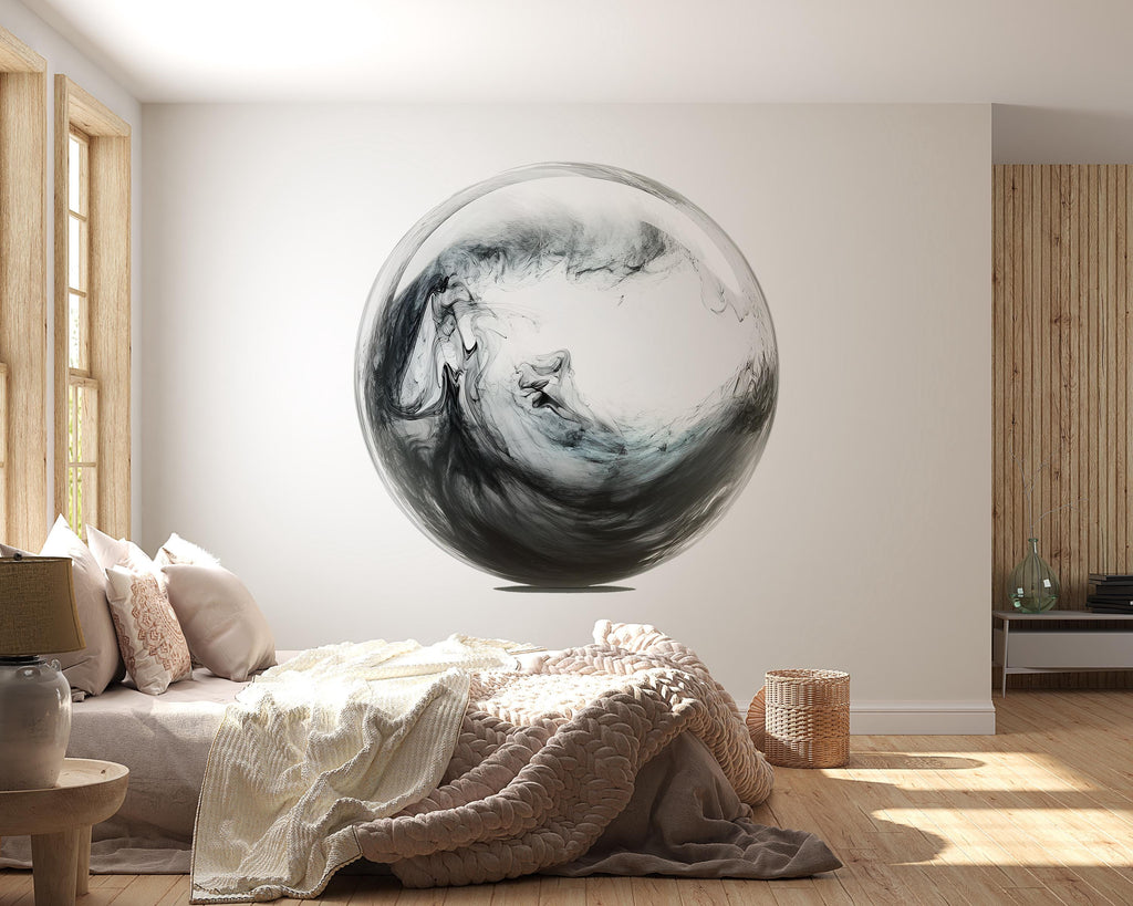Abstract Black Sphere Wall Mural, Minimalist Wall Art, Modern Zen Decor, Japandi Interior 428mv