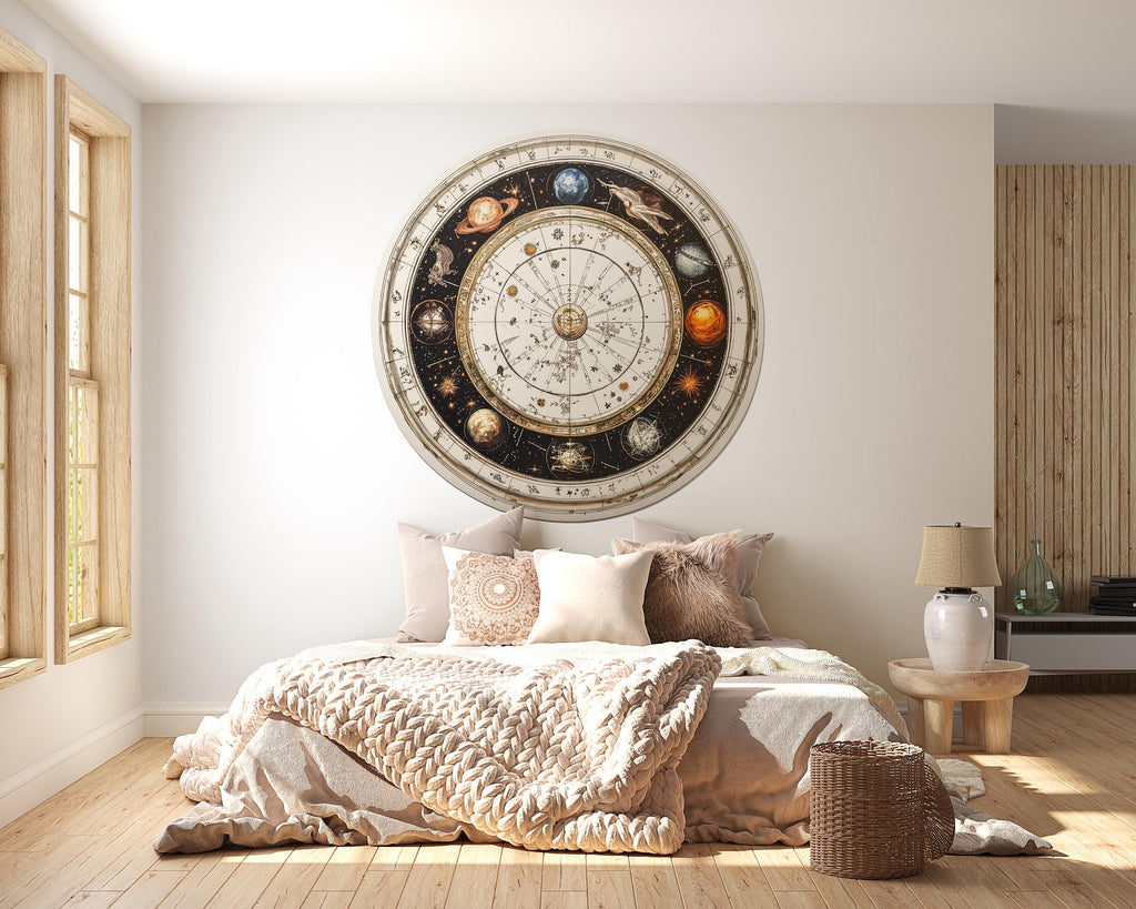 Celestial Zodiac Wall Art, Astrology Wheel Mural, Vintage Astronomy Decor, Cosmic Wall Art 433mv