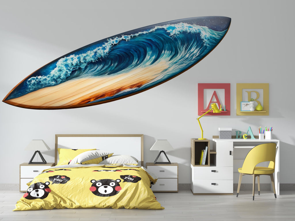 Surfboard Wave Wall Art, Ocean Surf Decor, Coastal Art 444mv