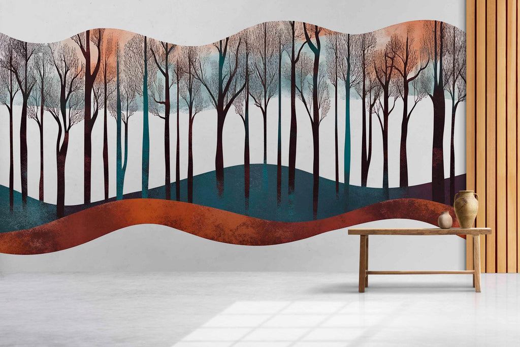 Abstract Forest Wave Wall Decal Sticker | Modern Woodland Wall Art | Minimalist Tree Landscape | Scandinavian Bedroom Decor