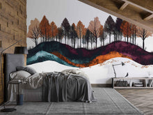 Load image into Gallery viewer, Autumn Forest Wave Wall Decal Sticker | Fall Trees Landscape Wall Art | Modern Woodland Decor | Scandinavian Bedroom Wall Decor
