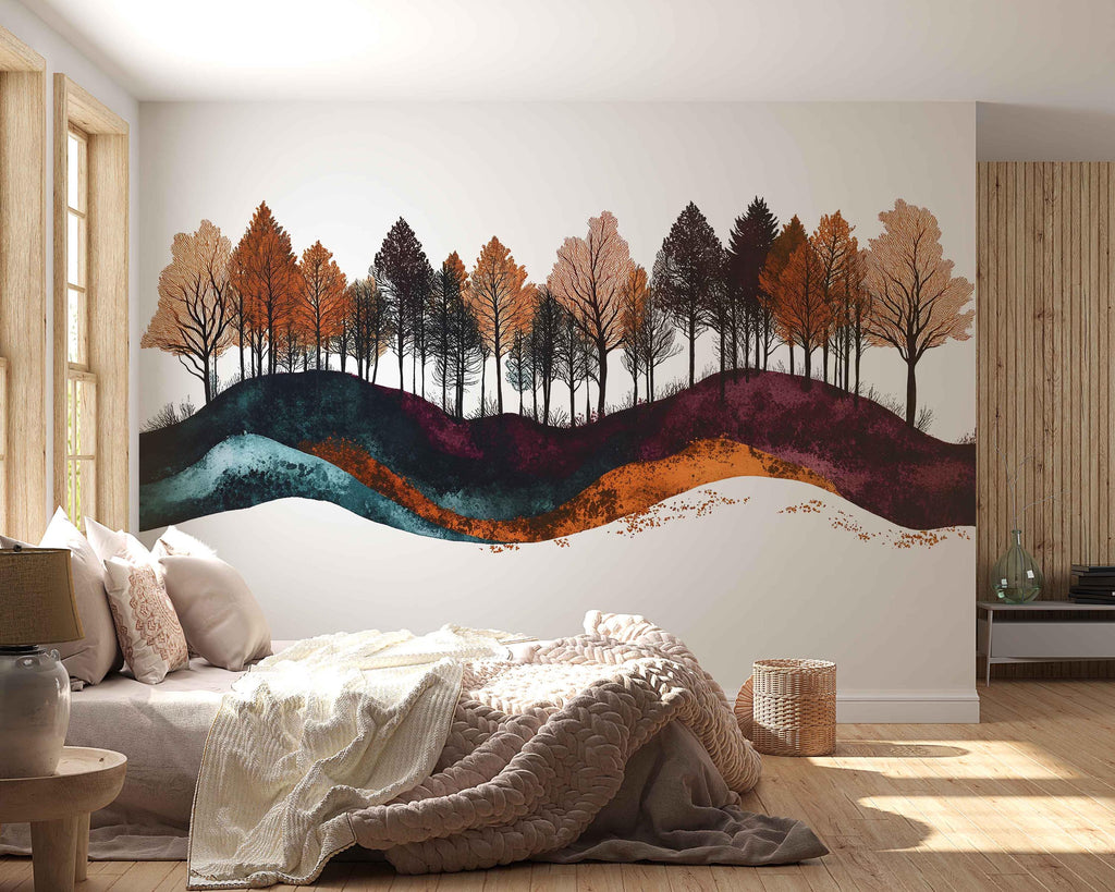 Autumn Forest Wave Wall Decal Sticker | Fall Trees Landscape Wall Art | Modern Woodland Decor | Scandinavian Bedroom Wall Decor
