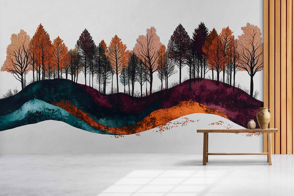 Autumn Forest Wave Wall Decal Sticker | Fall Trees Landscape Wall Art | Modern Woodland Decor | Scandinavian Bedroom Wall Decor