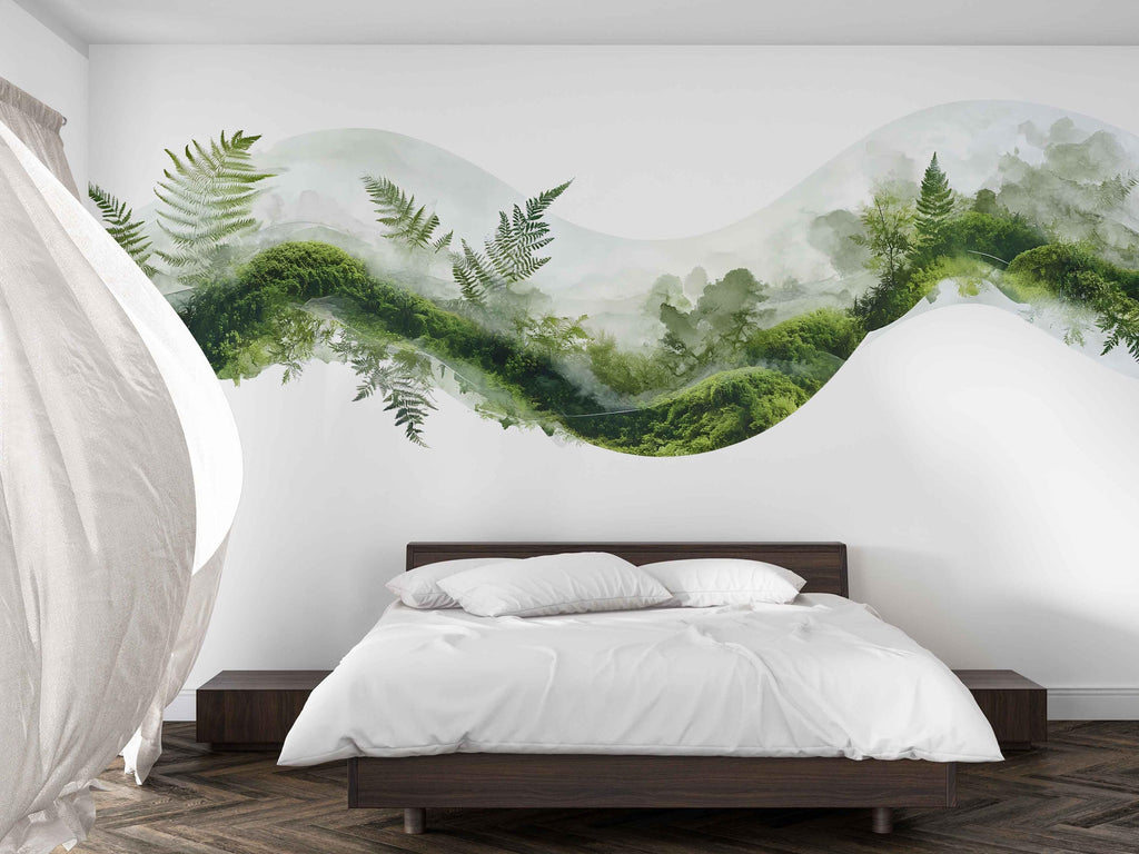 Green Moss Forest Wave Wall Decal Sticker | Botanical Nature Wall Art | Organic Forest Wall Decor | Minimalist Bedroom Wall Mural