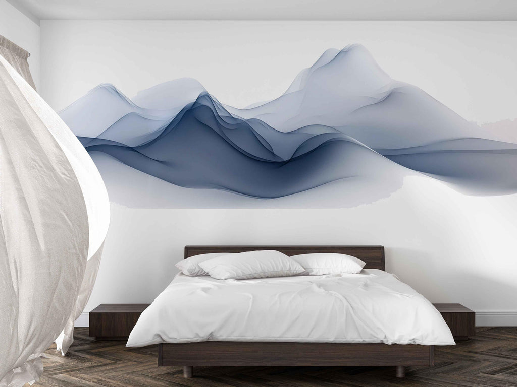 Abstract Mountain Wall Decal Sticker | Blue Wave Landscape Wall Art | Modern Minimal Wall Decor | Neutral Bedroom Wall Mural