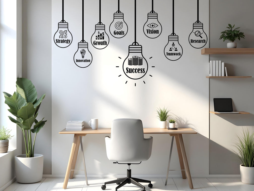 Business Motivation Wall Decal – Strategy Growth Goals Vision Success – Lightbulb Office Wall Sticker, Entrepreneur & Startup Decor 736LU