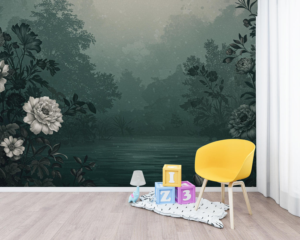 Luxury Floral Lake Wallpaper – Moody Watercolor Botanical Landscape Peel and Stick, Cinematic Elegant Wall Mural Art