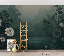 Load image into Gallery viewer, Luxury Floral Lake Wallpaper – Moody Watercolor Botanical Landscape Peel and Stick, Cinematic Elegant Wall Mural Art