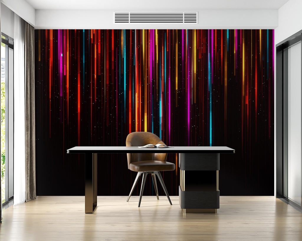 Colorful Abstract Glitch Art Wallpaper – Vibrant Vertical Digital Data Stream Wall Art – Modern Cyberpunk Office wallpaper