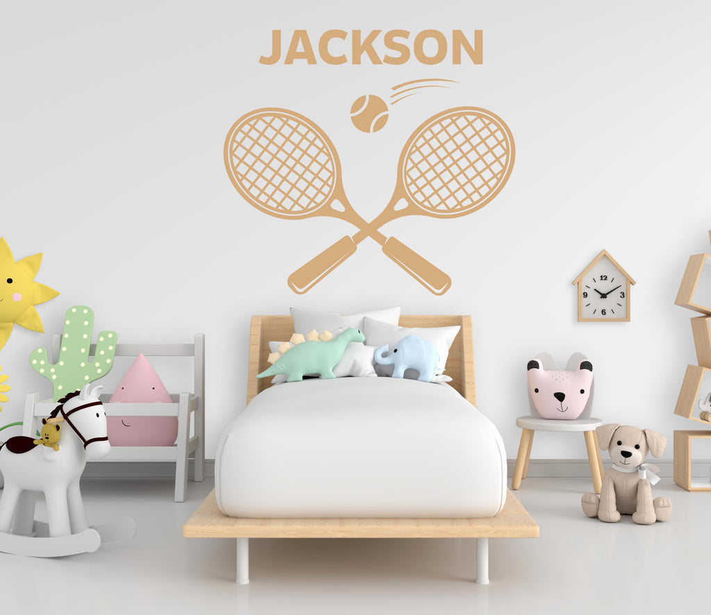Personalized Tennis Wall Decal – Custom Name Sports Room Decor – Crossed Rackets & Ball Graphic – Kids Bedroom or Tennis Player Gift 759LU