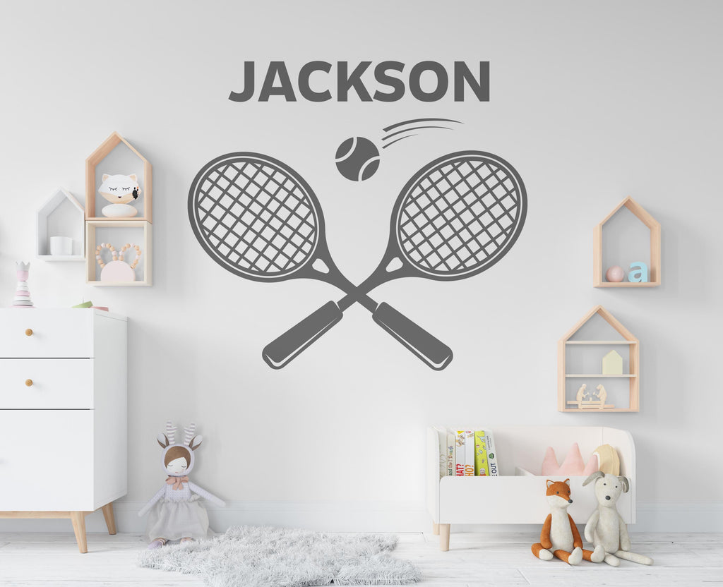 Personalized Tennis Wall Decal – Custom Name Sports Room Decor – Crossed Rackets & Ball Graphic – Kids Bedroom or Tennis Player Gift 759LU