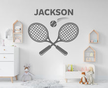 Load image into Gallery viewer, Personalized Tennis Wall Decal – Custom Name Sports Room Decor – Crossed Rackets &amp; Ball Graphic – Kids Bedroom or Tennis Player Gift 759LU