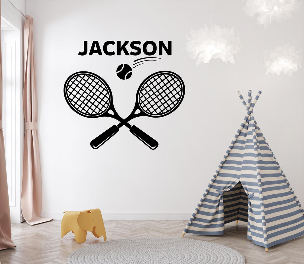 Personalized Tennis Wall Decal – Custom Name Sports Room Decor – Crossed Rackets & Ball Graphic – Kids Bedroom or Tennis Player Gift 759LU