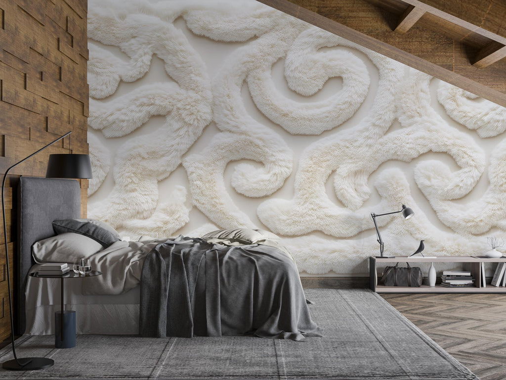 Luxury Plush Texture Wallpaper Wall Decal Cream Ornamental Pattern Wall Mural Soft Faux Fur Style Wallpaper Bedroom Accent Wall Decor