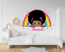 Load image into Gallery viewer, May include: A colorful rainbow with hearts and a girl with an afro peeking over the top. The name "Amanda" is written below the rainbow.