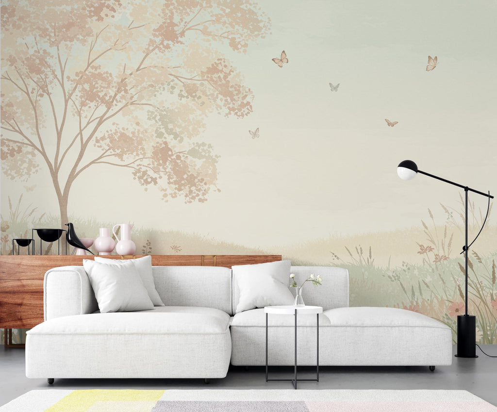 Blush Meadow Luxury Wallpaper Seamless Pattern, Romantic Watercolor Floral Landscape, Soft Pastel Wildflower Design for Elegant Interiors