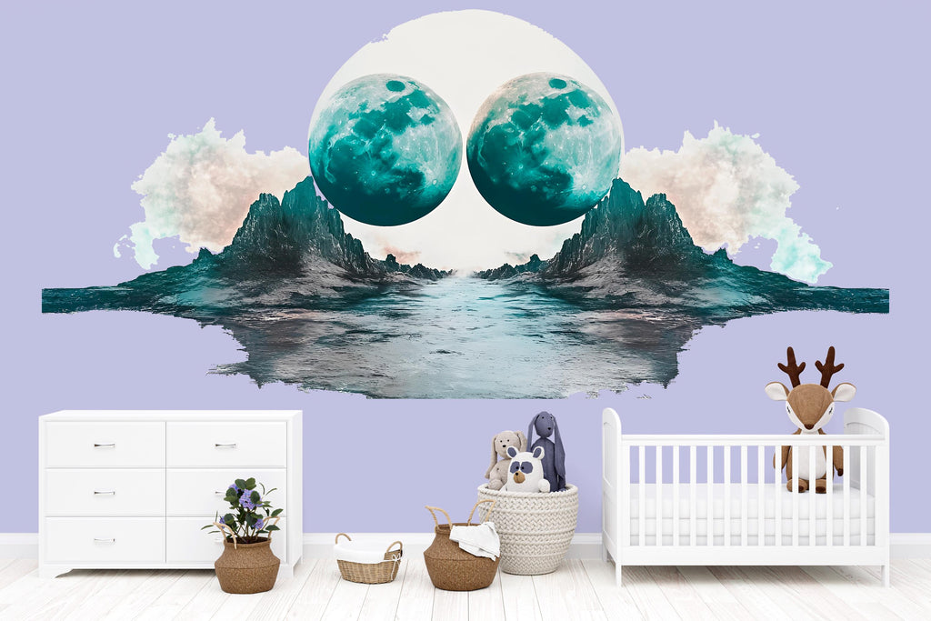 Surreal Moon Wall Mural, Teal Ocean Wall Art, Dreamy Landscape Wallpaper, Modern Nursery Wall Decor 471mv
