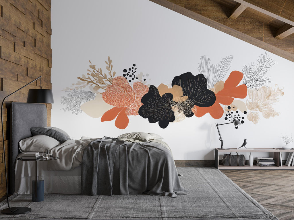 Abstract Floral Wall Mural, Modern Botanical Wallpaper, Terracotta Flower Wall Art, Boho Floral Peel and Stick Mural 472mv