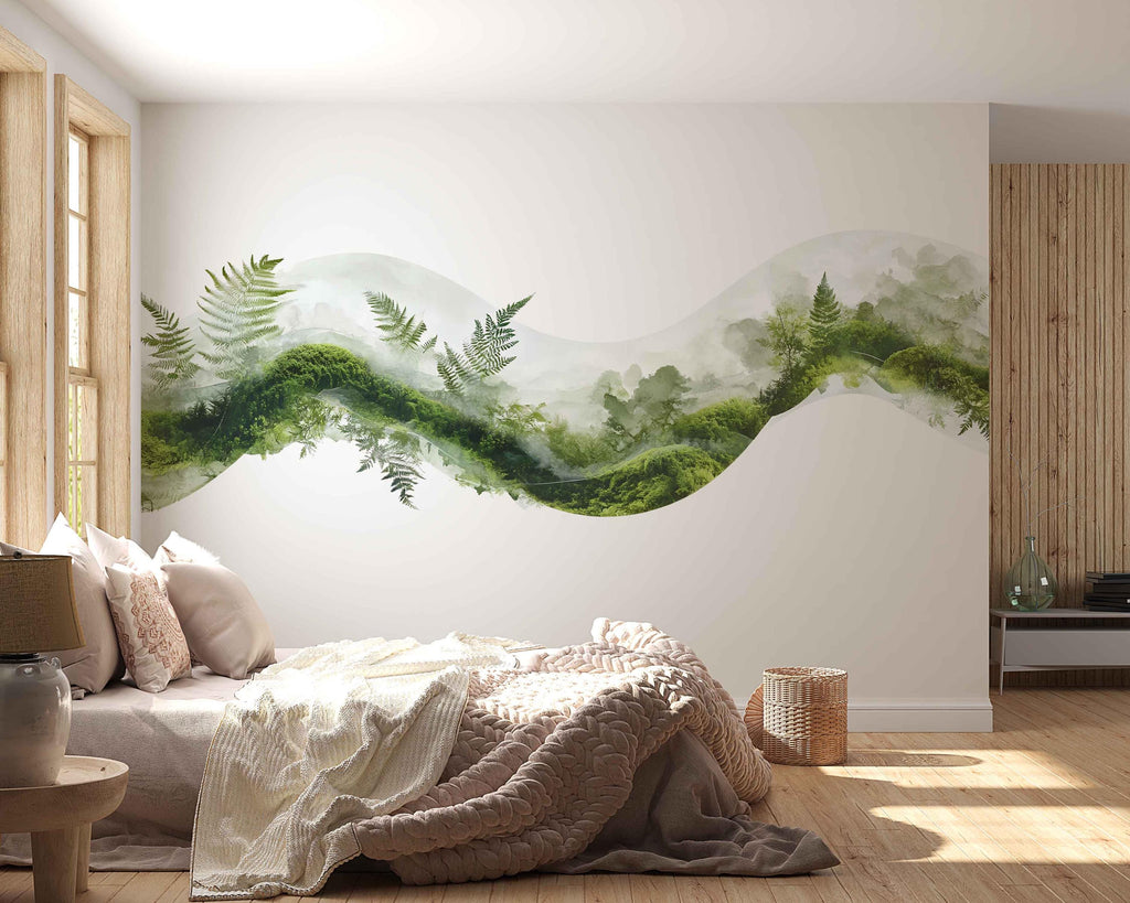 Green Forest Wall Mural, Botanical Landscape Wallpaper, Nature Wall Art, Modern Woodland Bedroom Decor, Nature Wall Mural 485mv