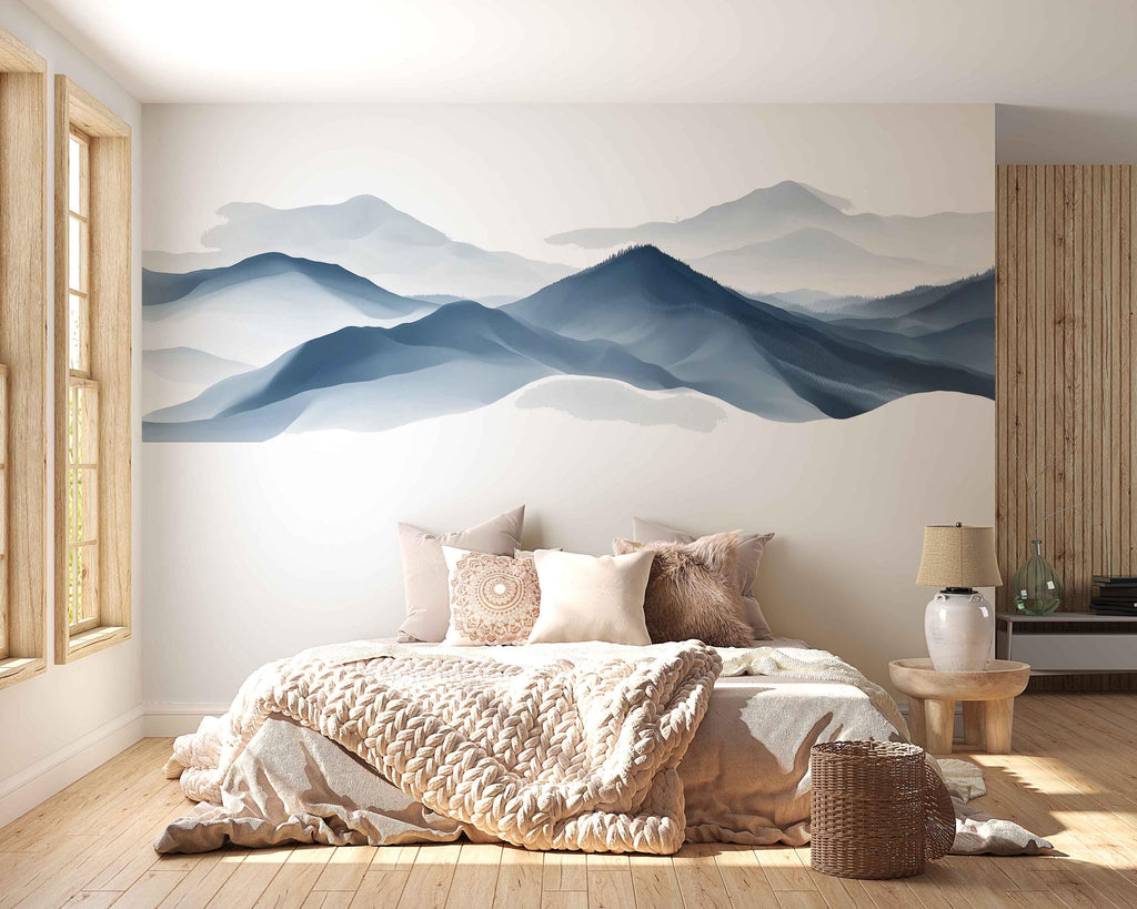 Mountain Wall Mural, Minimalist Landscape Wallpaper, Blue Mountain Wall Art, Scandinavian Nature Bedroom Decor, Mountain Mural 486mv