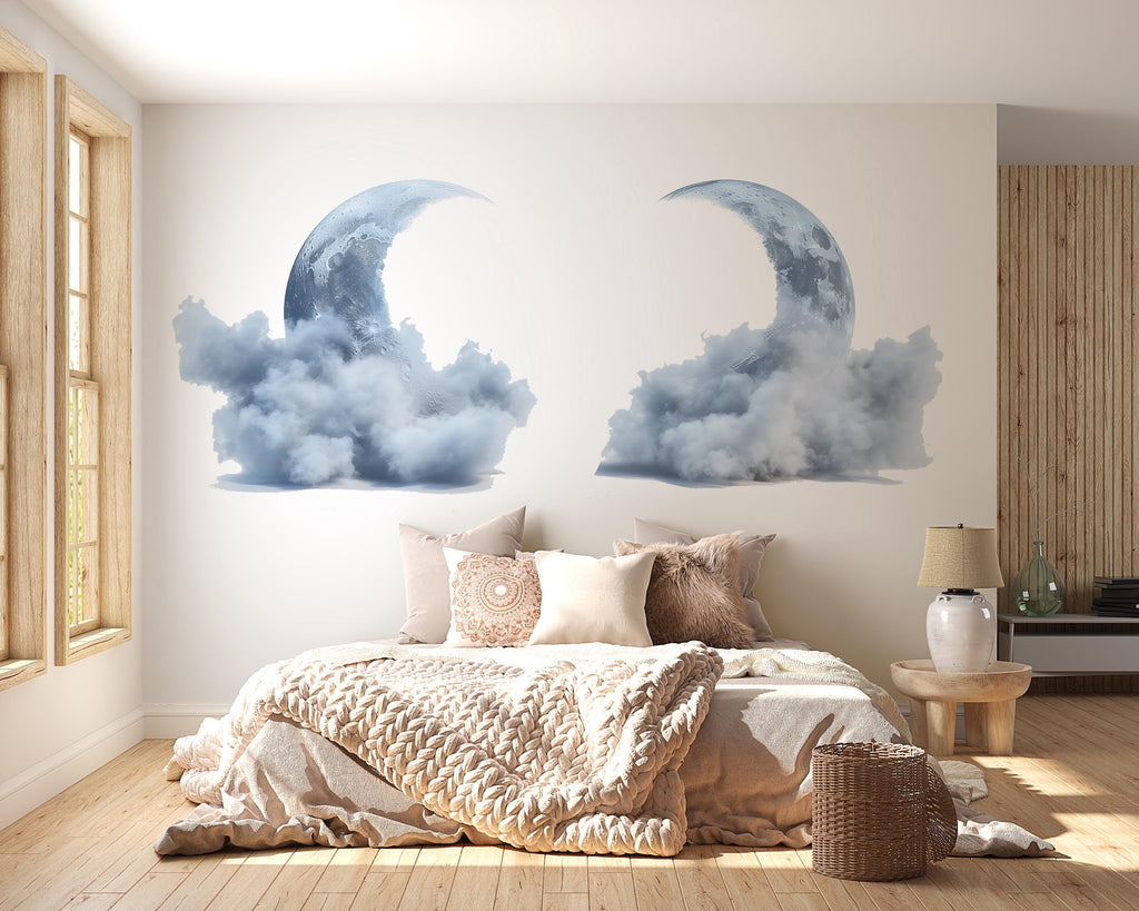 Crescent Moon Wall Mural, Celestial Cloud Wallpaper, Dreamy Moon Wall Art, Nursery Wall Decor, Fantasy Peel and Stick Wall Mural 490mv