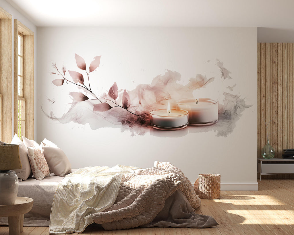 Blush Candle Wall Mural, Spa Wall Decor, Feminine Bedroom Wallpaper, Relaxing Wall Art, Pink Neutral Wall Decor, Stick Wallpaper 496mv