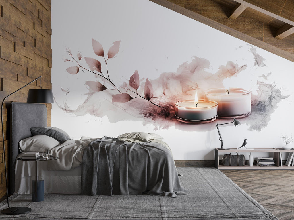 Blush Candle Wall Mural, Spa Wall Decor, Feminine Bedroom Wallpaper, Relaxing Wall Art, Pink Neutral Wall Decor, Stick Wallpaper 496mv