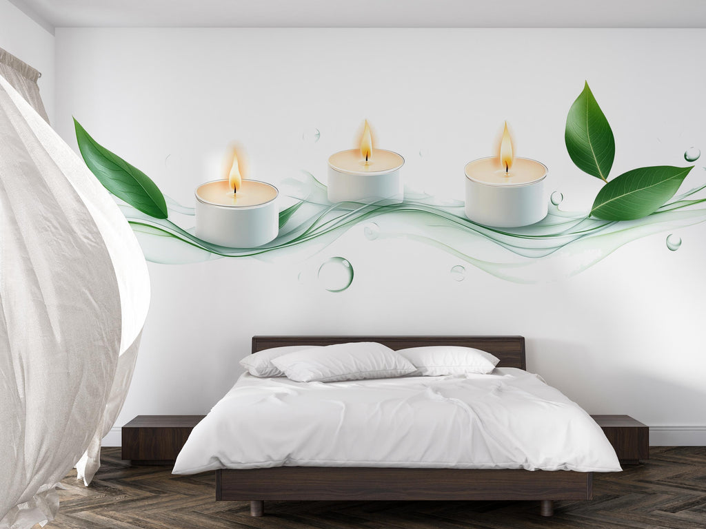 Candle Wall Mural, Spa Bathroom Wallpaper, Zen Wall Decor, Green Leaf Wall Art, Relaxing Bedroom Mural, Wellness, Peel and Stick 497mv