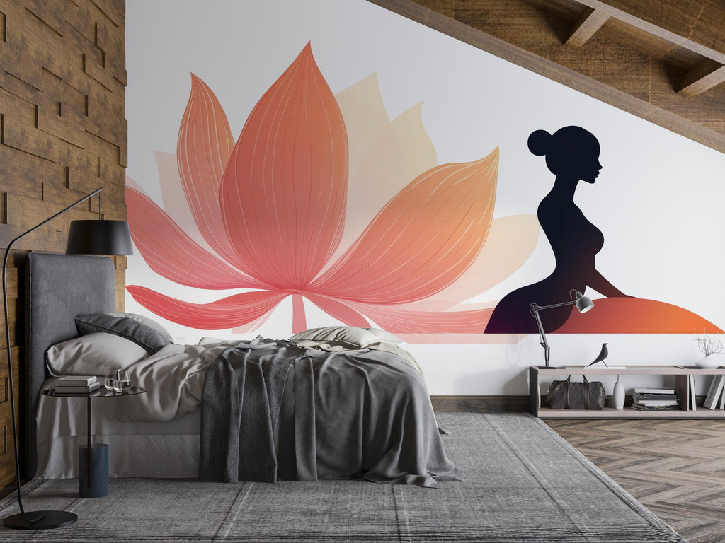 Yoga Wall Decal Lotus Flower, Meditation Wall Sticker, Woman Silhouette Wall Art, Yoga Studio Decor, Boho Wall Decal, Zen Decor, 001gm