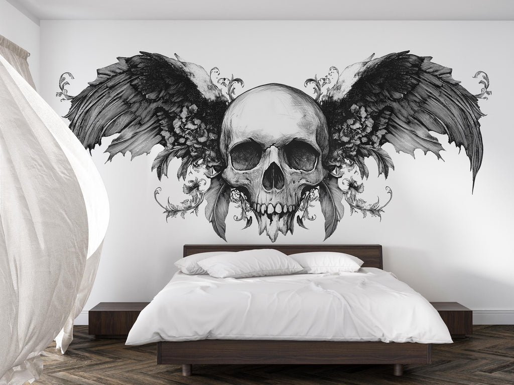 Winged Skull Wall Decal, Gothic Wall Art Sticker, Skull Wall Decor, Dark Aesthetic Bedroom Decor, Wall Decal, Skeleton Wall Sticker, 002gm