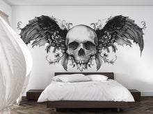 Load image into Gallery viewer, Winged Skull Wall Decal, Gothic Wall Art Sticker, Skull Wall Decor, Dark Aesthetic Bedroom Decor, Wall Decal, Skeleton Wall Sticker, 002gm