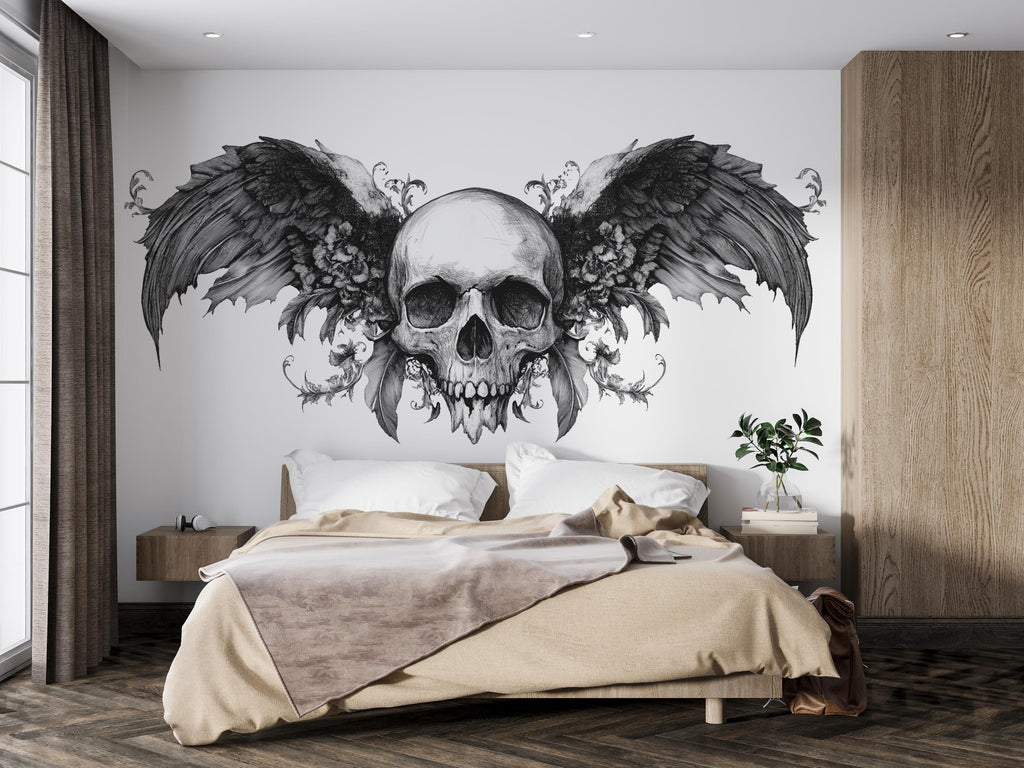 Winged Skull Wall Decal, Gothic Wall Art Sticker, Skull Wall Decor, Dark Aesthetic Bedroom Decor, Wall Decal, Skeleton Wall Sticker, 002gm