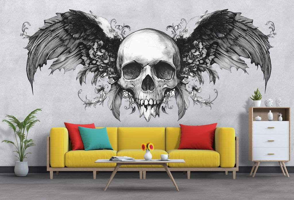 Winged Skull Wall Decal, Gothic Wall Art Sticker, Skull Wall Decor, Dark Aesthetic Bedroom Decor, Wall Decal, Skeleton Wall Sticker, 002gm