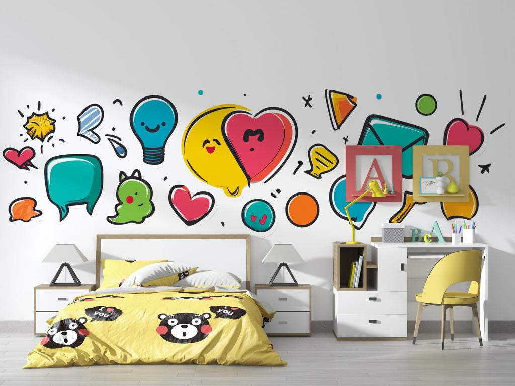Cartoon Wall Decal Kids Room, Colorful Doodle Wall Sticker, Kids Wall Art, Teen Wall Decal, Comic Wall Decor, Playroom Wall Sticker, 005gm