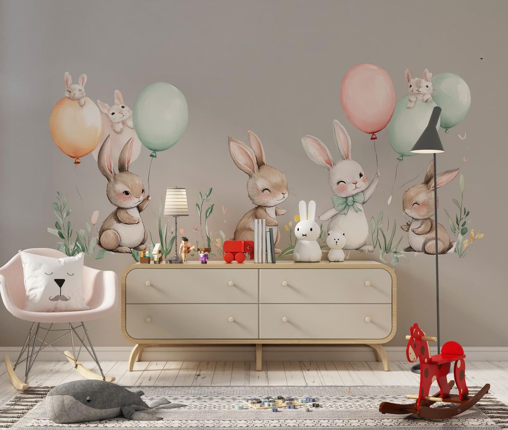 Bunny Wall Decal Nursery, Cute Rabbit Wall Sticker, Woodland Nursery Wall Art, Baby Room Wall Decor, Kids Room Animal Wall Decal, 010gm