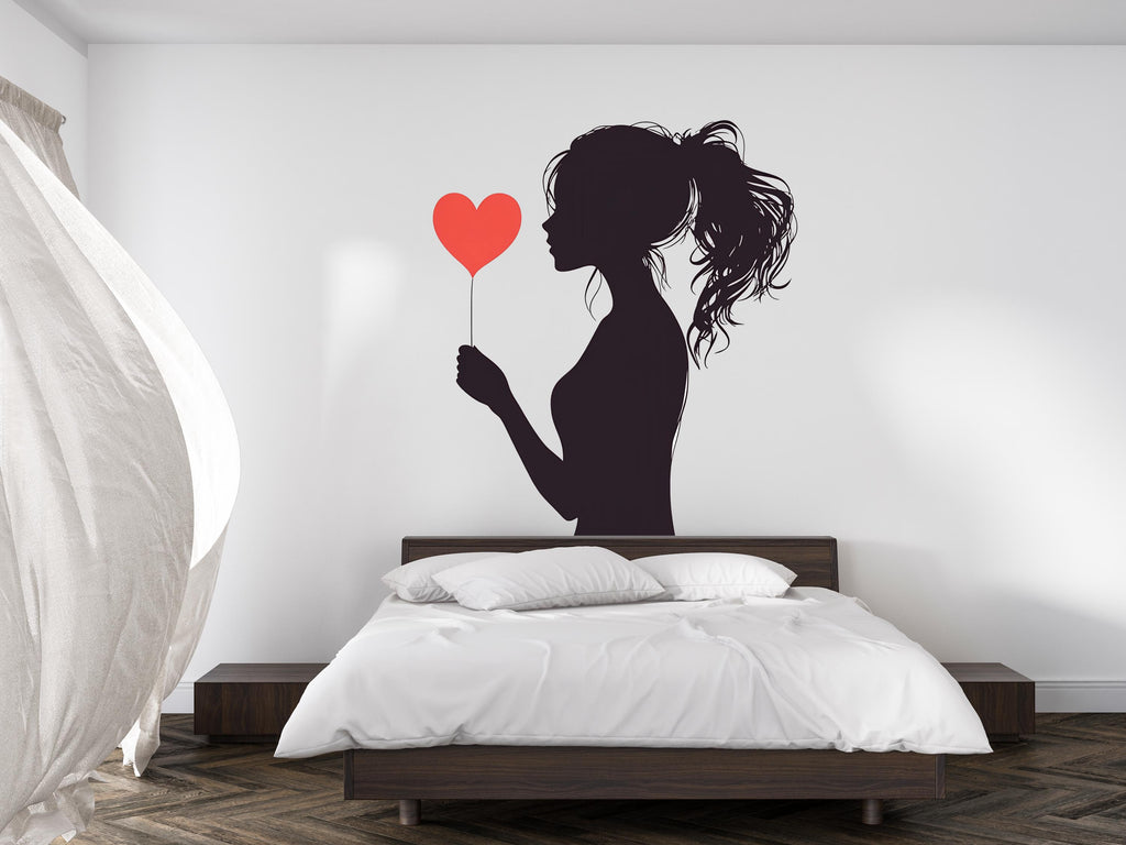 Woman Silhouette Wall Decal Heart, Romantic Wall Art Sticker, Modern Woman Wall Decor, Bedroom Wall Decal, Minimalist Wall Art, 011gm