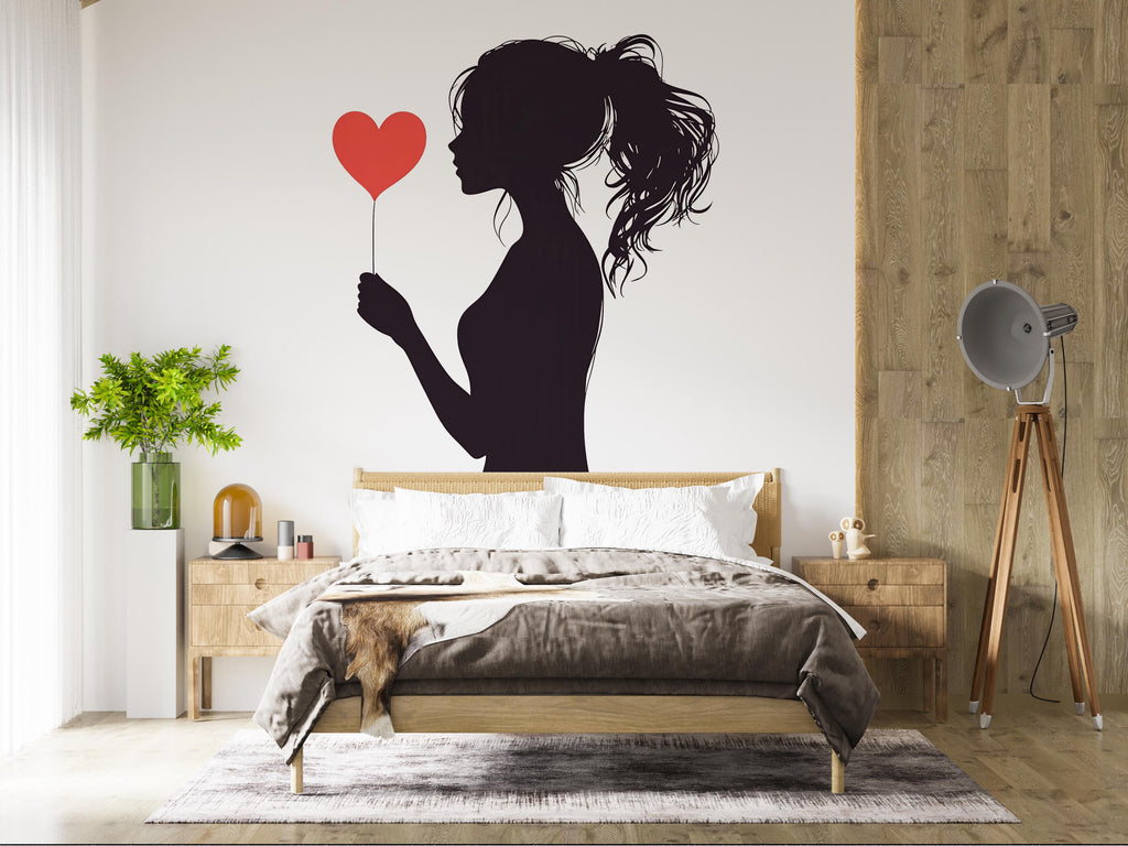 Woman Silhouette Wall Decal Heart, Romantic Wall Art Sticker, Modern Woman Wall Decor, Bedroom Wall Decal, Minimalist Wall Art, 011gm