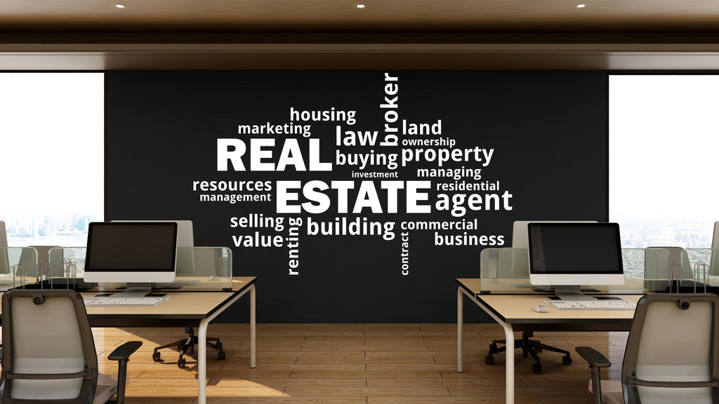 Real Estate Vinyl Wall Decal, Agent Realtor Broker Agency Office Idea Window Business Decor Art Sticker Mural, Real Estate word cloud 764LU