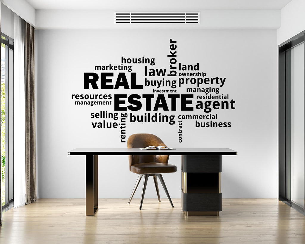 Real Estate Vinyl Wall Decal, Agent Realtor Broker Agency Office Idea Window Business Decor Art Sticker Mural, Real Estate word cloud 764LU