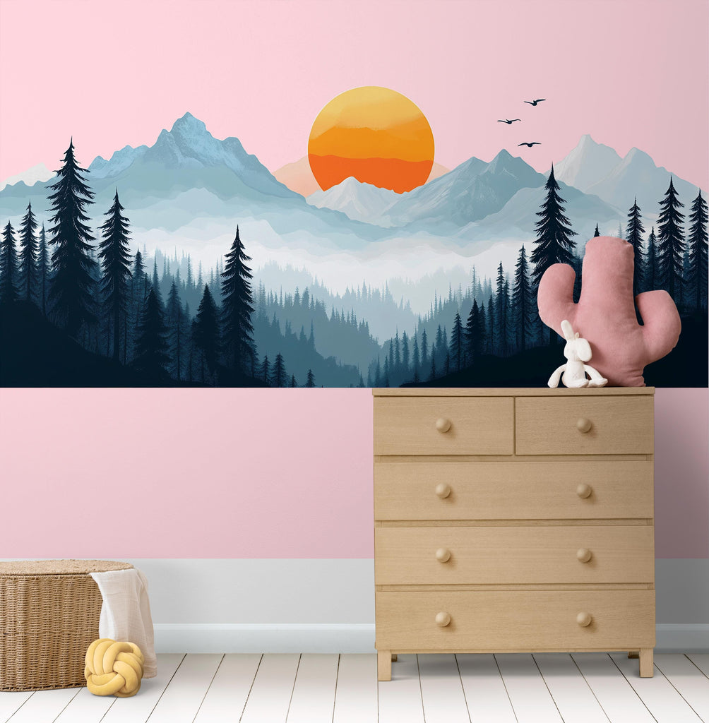 Mountain Forest Wall Decal, Sunset Wall Sticker, Nature Wall Art, Mountain Wall Decor, Panorama Wall Decal, Modern Landscape Wall Art, 016gm