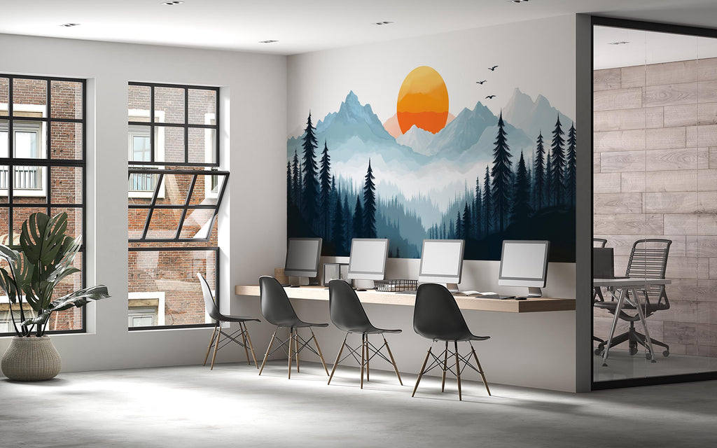 Mountain Forest Wall Decal, Sunset Wall Sticker, Nature Wall Art, Mountain Wall Decor, Panorama Wall Decal, Modern Landscape Wall Art, 016gm