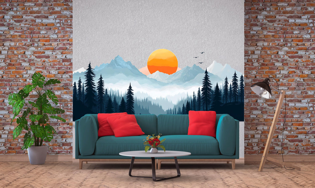 Mountain Forest Wall Decal, Sunset Wall Sticker, Nature Wall Art, Mountain Wall Decor, Panorama Wall Decal, Modern Landscape Wall Art, 016gm