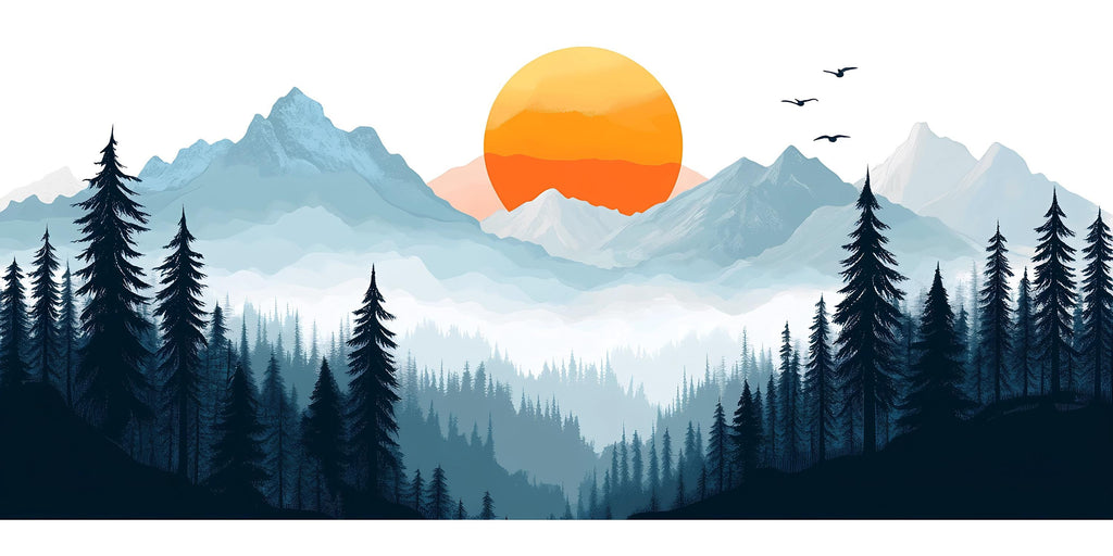 Mountain Forest Wall Decal, Sunset Wall Sticker, Nature Wall Art, Mountain Wall Decor, Panorama Wall Decal, Modern Landscape Wall Art, 016gm
